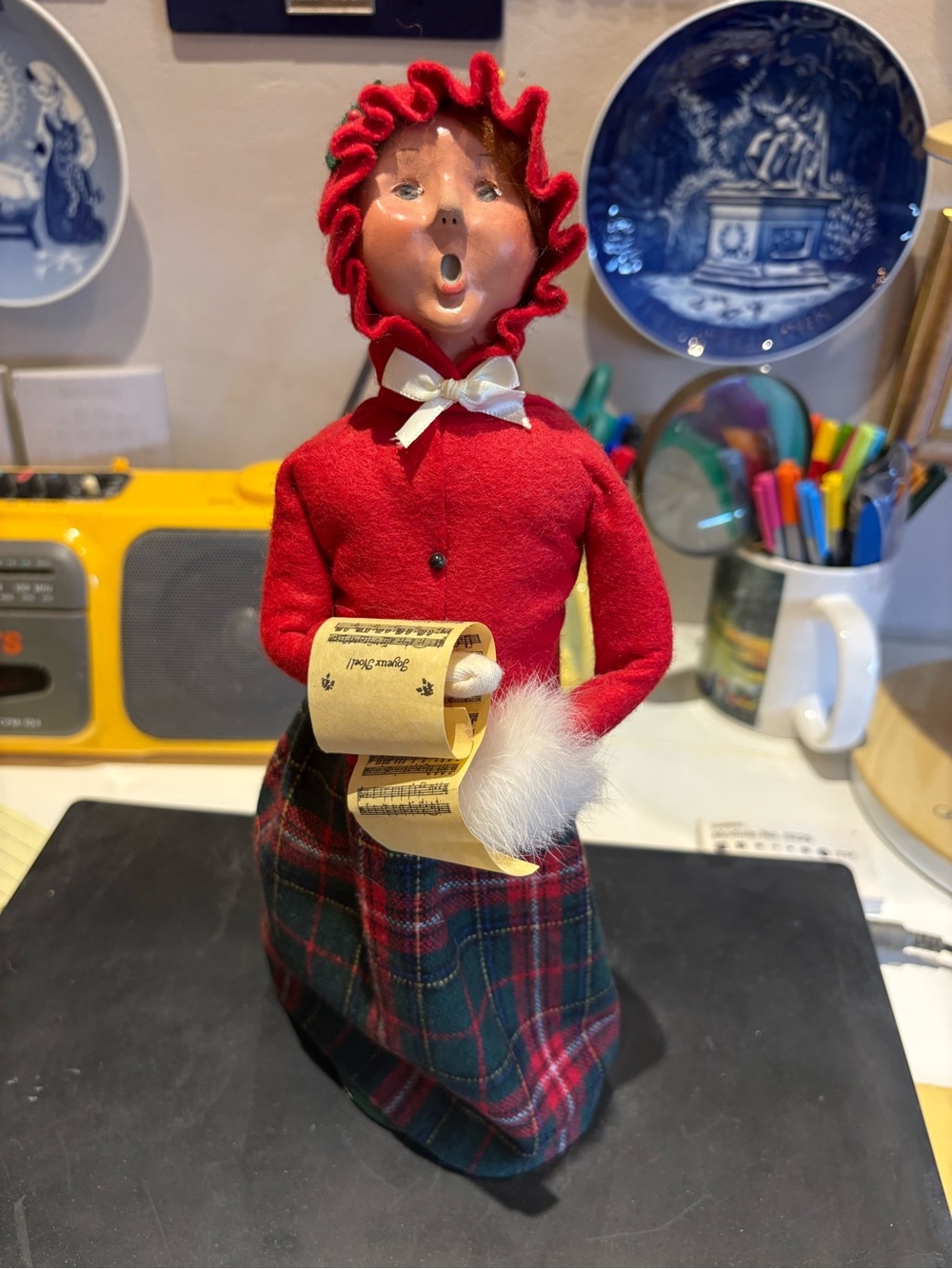 Red Caroler Figurine with Plaid Skirt - Holiday Decoration